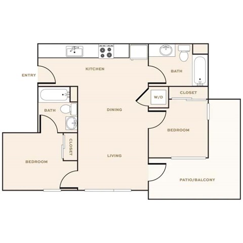 Floor plan for 2 beds, 2 baths, 786 sqft